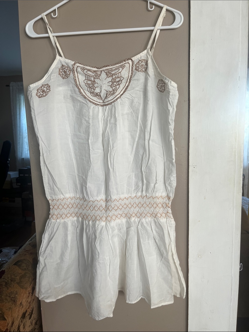Charlotte Russe Ivory Embroidered Cami Romper with Tan Accents